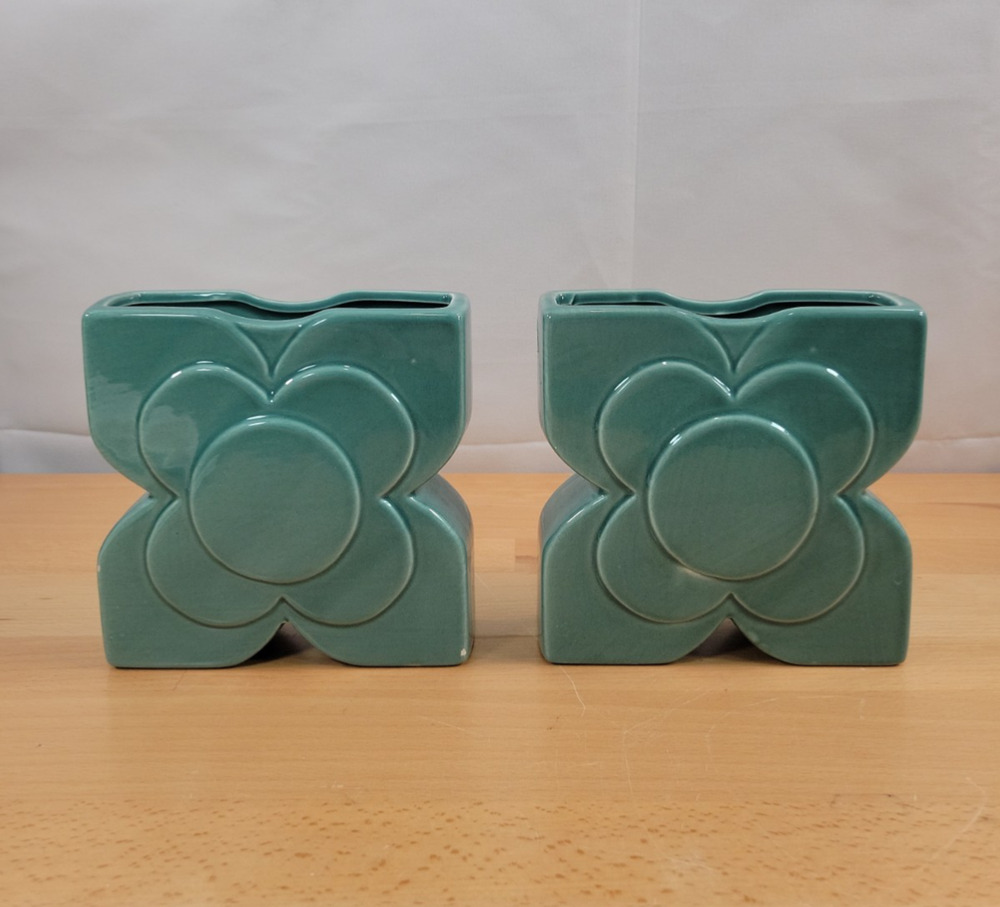 Pair Ceramic Vases Teal Blue Flower Pocket Planter 5” x 5” READ